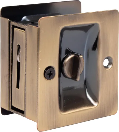 Vista 2 de Stone Harbor Hardware Cerradura de puerta de bolsillo cuadrado premium, función de privacidad, latón antiguo