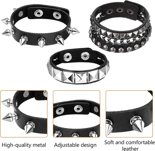 Vista 4 de Pulseras de cuero punk rock de Giantree, 3 piezas, pulseras tachonadas punk rock, brazalete de cuero con pinchos para hombres y mujeres, pulsera