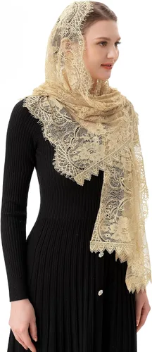 Vista 3 de PAMOR Velo rectangular capilla español encaje floral Mantilla velos envoltura chal masa cabeza cubierta