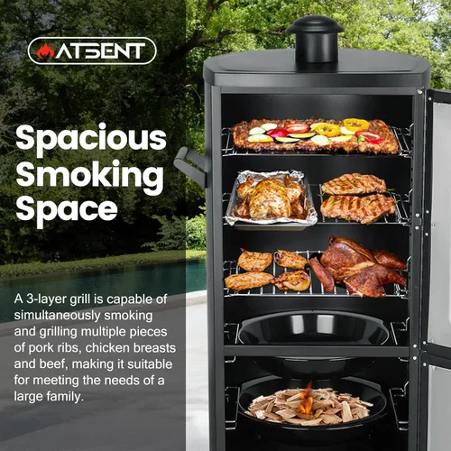 Vista 4 de Ahumador de propano, ahumador vertical con tres estantes extraíbles, parrillas al aire libre y ahumadores con termómetro para barbacoa, patio Negro