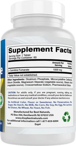 Vista 6 de Best Naturals L-Carnitina 1000mg 60 tabletas (60 unidades (paquete de 1))
