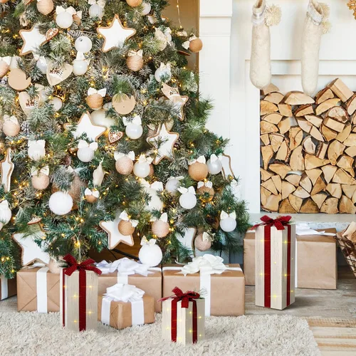 Vista 5 de Barydat 3 piezas de cajas de regalo iluminadas de Navidad para decoración de mesa de Navidad, centro de mesa rústico de madera para regalo