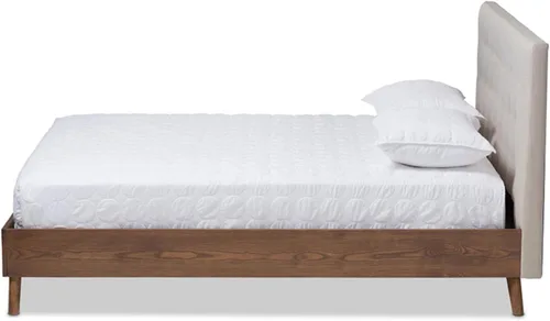 Vista 4 de Baxton Studio Alinia Mid-Century - Cama de plataforma tapizada de madera de nogal, tamaño King, color beige claro