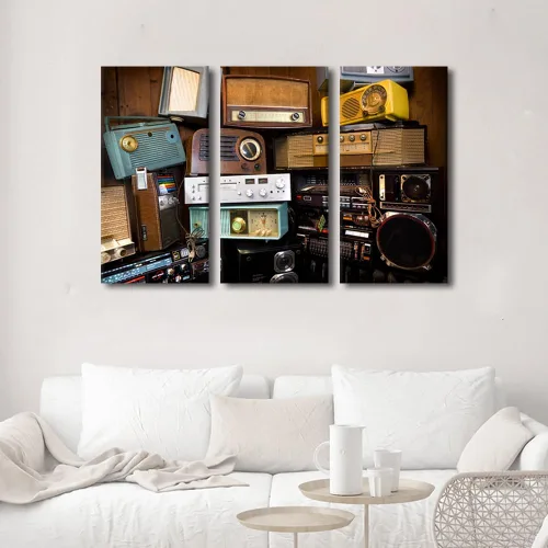 Vista 3 de TUMOVO Arte de pared de estilo retro, grupo de dispositivos electrónicos antiguos de radio, pinturas de imágenes, 3 piezas, lienzo, decoración