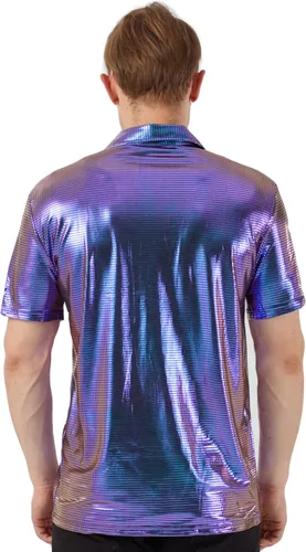 Vista 3 de WULFUL Camisa de discoteca para hombre con lentejuelas de manga corta con botones, camisas de vestir para fiesta de los años 70