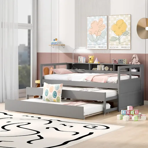 Vista 13 de JIVOIT Sofá cama extensible con cama nido y dos cajones de almacenamiento, marco de sofá cama de madera con soportes de listones de madera, diseño