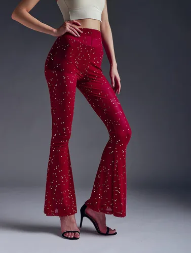 Vista 2 de Anlaey Pantalones de baile de malla transparente para rave, con lentejuelas brillantes, acampanados, cintura alta, para festivales, clubes, trajes