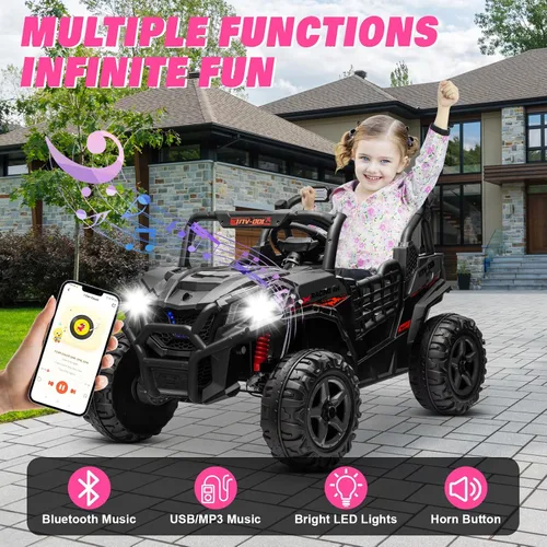 Vista 7 de Camión de 2 plazas de 24 V con 4 x 200 W, asiento espacioso de 20 pulgadas, conmutable 4WD/2WD, velocidad máxima de 5 Mph, luces arcoíris, control