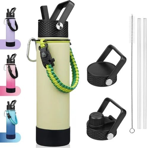 Vista 31 de BJPKPK - Botella de agua con tapa de popote, botellas de agua aisladas de 18 onzas con 3 tapas, asa de cuerda de paracaídas y base antideslizante