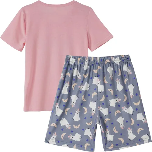 Vista 2 de Vopmocld Conjunto de pijama de manga corta de verano para niñas grandes, lindos patrones de gato, ropa de dormir Nighty 100% algodón