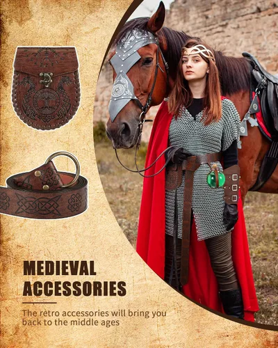 Vista 3 de Ramede 5 piezas de accesorios renacentistas de Halloween, cinturón vikingo medieval en relieve, bolsa de cinturón con hebilla, brazos, botella