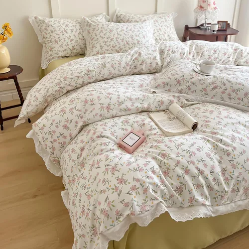 Vista 56 de Funda de edredón de flores rosadas, tamaño individual, elegante, con volantes, funda de edredón de encaje de algodón, juego de ropa de cama floral
