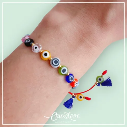 Vista 2 de Pulsera de protección completa, pulsera de mal de ojo de cadena roja, pulsera de mal de ojo multicolor, pulsera de ojo turco, pulsera de mal de ojo