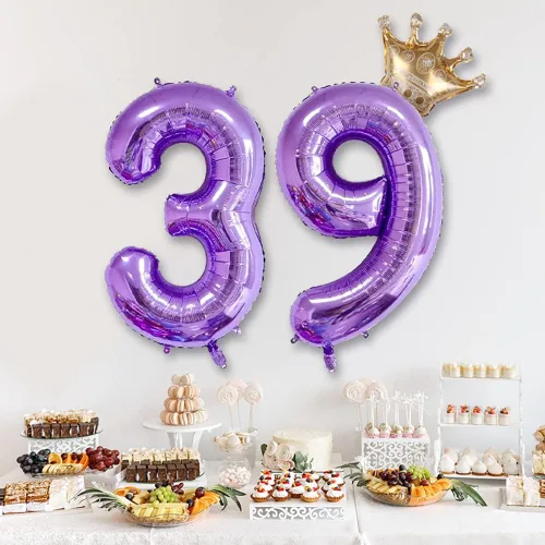 Vista 4 de Globo morado con el número 32 de 32 pulgadas, globos de aluminio jumbo con corona desmontable para decoración de fiesta de cumpleaños 38