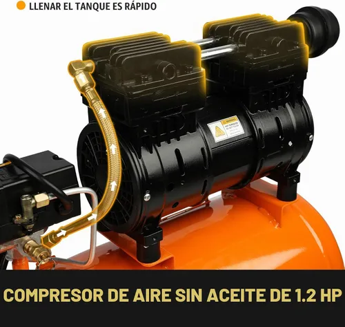 Vista 6 de FORNAX Compresor de aire portátil de 6.4 galones, 1 HP 2.2CFM@ 90 PSI compresor de aire libre de aceite, presión máxima 125 PSI, compresor