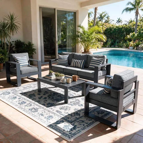 Vista 24 de LayinSun - Juego de muebles de patio de aluminio para exteriores de 4 piezas, sofá de conversación moderno de metal con mesa de café y cojines Negro