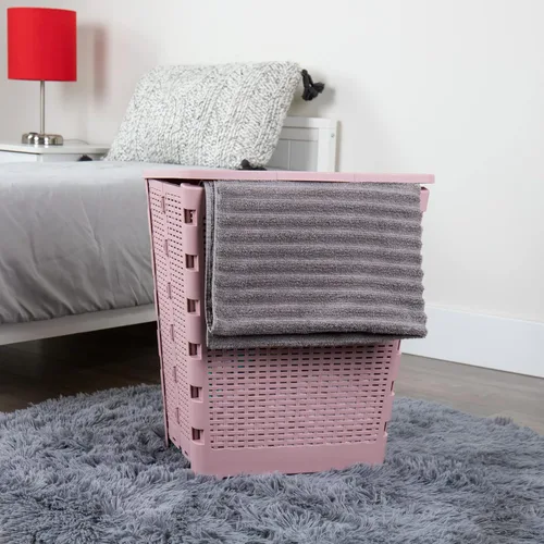 Vista 2 de Mind Reader Cesta plegable para ropa sucia de 61 litros, cesta de ropa, tapa, diseño de mimbre, plástico, 18 pulgadas de largo x 14.5 pulgadas
