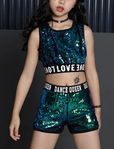 Vista 4 de Happy Cherry Vestido de baile de lentejuelas para niñas pequeñas, disfraz de hip hop, jazz para niños, uniformes de baile de majorette brillante