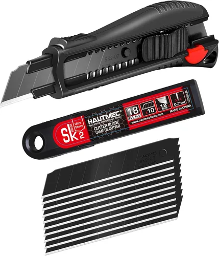 Vista 9 de HAUTMEC Cuchillo utilitario de 18 mm con agarre suave y bloqueo automático con interruptor de seguridad rojo, cortador resistente con hoja negra