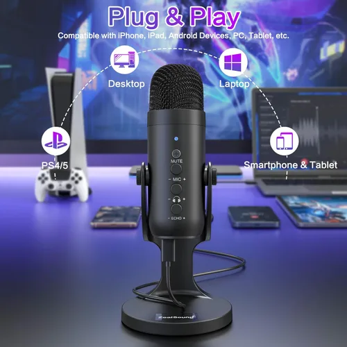 Vista 4 de ZealSound Micrófono de podcast para PC, micrófono USB con cancelación de ruido con ganancia, ajuste de volumen y botón de silencio, monitoreo y eco
