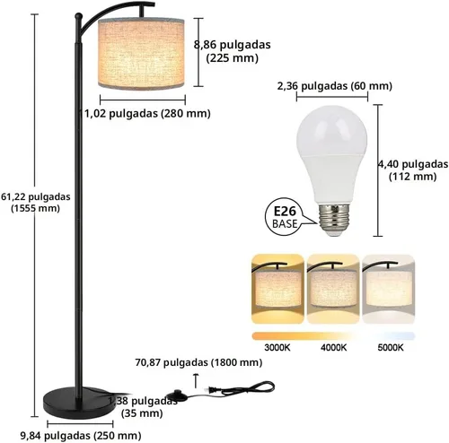 Vista 4 de Rottogoon - Lámpara de pie para sala de estar, lámpara de pie LED con 2 pantallas para dormitorio, incluye bombilla LED de 9 W - Negro Sombra
