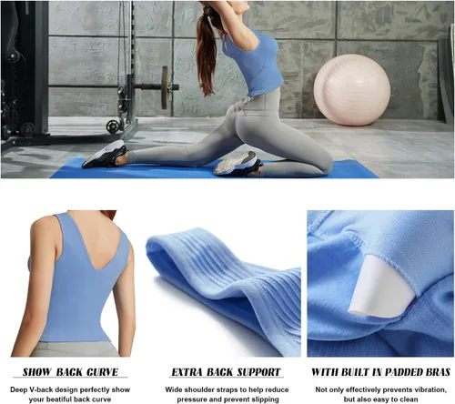 Vista 5 de Camiseta sin mangas para mujer, brasier integrado, cuello redondo, para entrenamiento, acanalado, deportivo, acolchado, sin costuras, ombligueras