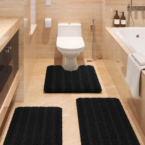Vista 10 de ACCUMTEK - Juego de alfombras de baño a rayas beige de 3 piezas, ultrasuaves, antideslizantes de chenilla, alfombras de baño mullidas y absorbentes