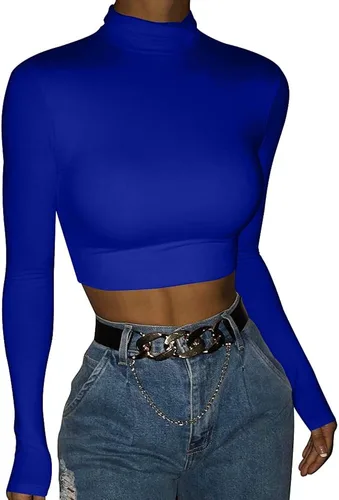 Vista 2 de LCNBA Camiseta corta de manga larga para mujer, cuello alto, sexy, básica, recortada