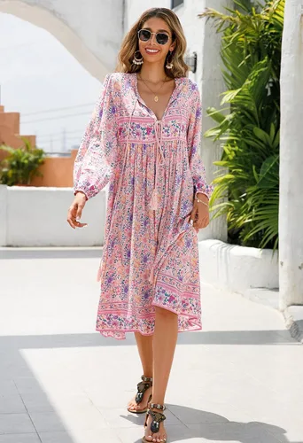 Vista 2 de R.Vivimos - Vestidos por debajo de la rodilla, de manga larga, con estampado floral, de estilo retro y bohemio, con cuello en V y borlas para mujer