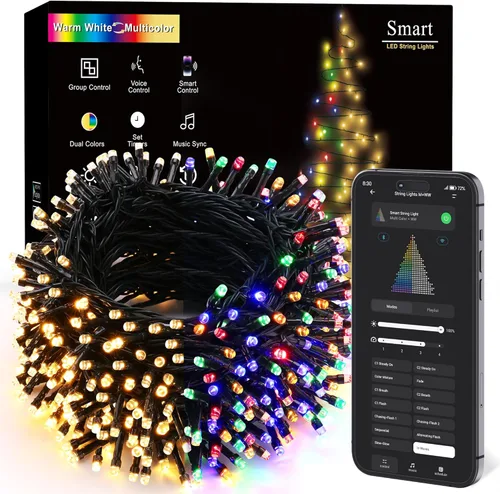 Vista 9 de BrizLabs - Luces de Navidad inteligentes, 100 luces LED que cambian de color, 33 pies, control por aplicación/voz, luces de árbol de Navidad