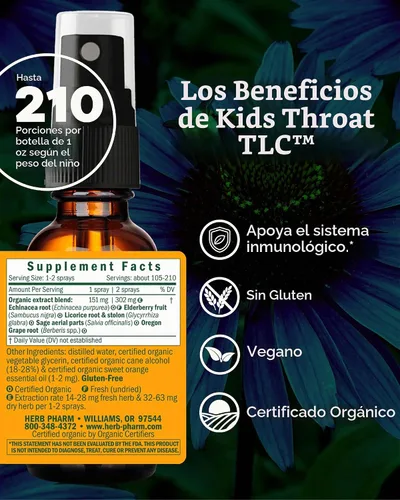 Vista 2 de Herb Pharm Spray de hierbas TLC para garganta sin alcohol orgánico certificado para niños, 1 onza