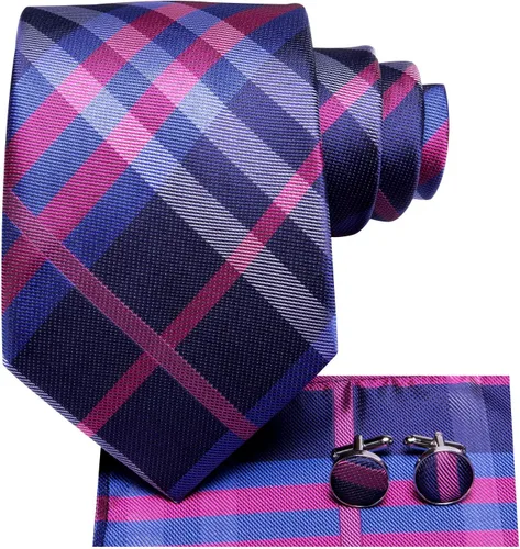 Vista 91 de Hi-Tie Corbata clásica de cachemira para hombre con pañuelo y gemelos a cuadros