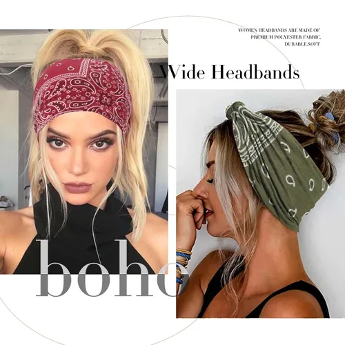 Vista 7 de Olbye Diademas anchas bohemias anudadas turbante elásticas antideslizantes florales diademas para entrenamiento para la cabeza, bandana bohemia