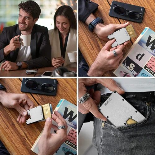Vista 3 de Fidelo Billetera minimalista para hombre Cartera delgada con bloqueo RFID para tarjetas de crédito hecha de aluminio 7075. La cartera compacta