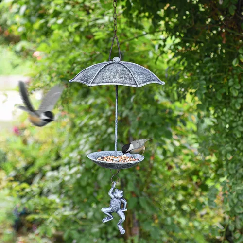 Vista 2 de Sungmor Comedero decorativo colgante para pájaros, baño de pájaros de hierro fundido impermeable, diseño único de paracaidismo de rana verde