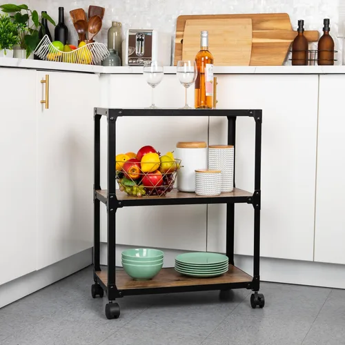 Vista 2 de Mind Reader Carrito con ruedas multiusos de 3 niveles, almacenamiento para el hogar, carrito de bar, soporte para microondas, organizador