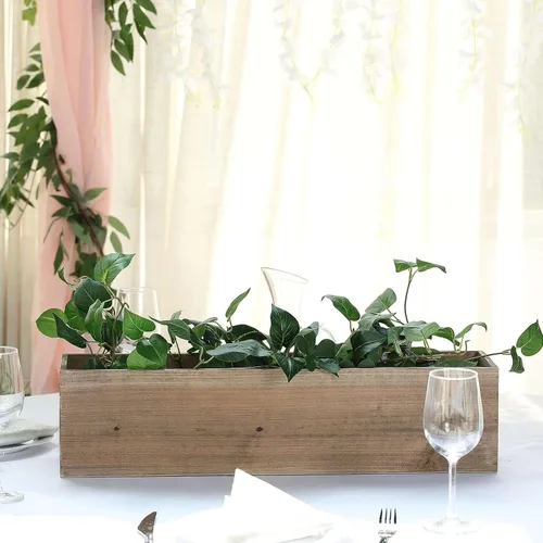 Vista 2 de Efavormart - Juego de macetas de madera rectangular natural de 24 x 6 pulgadas con forros de plástico extraíbles