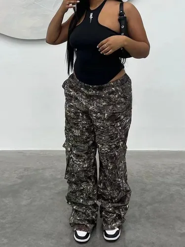 Vista 4 de Famnbro Womens Camouflage Cargo Pants Baggy Camo Print Wide Leg Trousers Army Fatigue Pants