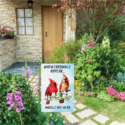 Vista 5 de Bandera de jardín cardenal When Cardinals Appear Angels Are Near Memorial Yard Flag 12x18 pulgadas de doble cara floral de pájaros rojos bandera