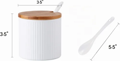 Vista 2 de Azucarero de cerámica en relieve a rayas tarro de especias de almacenamiento de condimentos olla con tapa cuchara