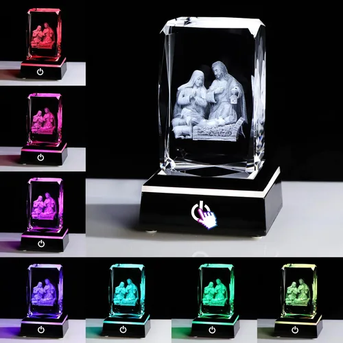 Vista 2 de YWHL Figuras de belén de cristal 3D con base colorida grabada con láser, estatuas de la Santa Familia para regalos religiosos para mujeres y hombres