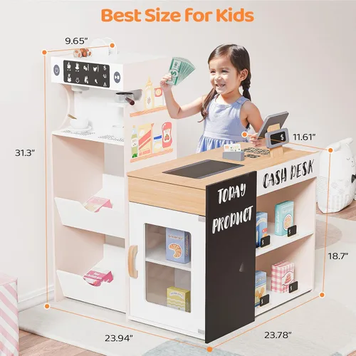 Vista 7 de JOYMOR Tienda de comestibles de juguete, juego interactivo de supermercado de madera con máquina de café expendedora, accesorios de venta y compra