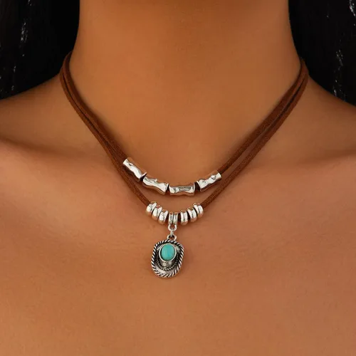 Vista 2 de Collar occidental en capas para mujer, estilo vintage, turquesa, con cuentas, gargantilla de estrella, cabeza de toro, concha, cactus, concierto