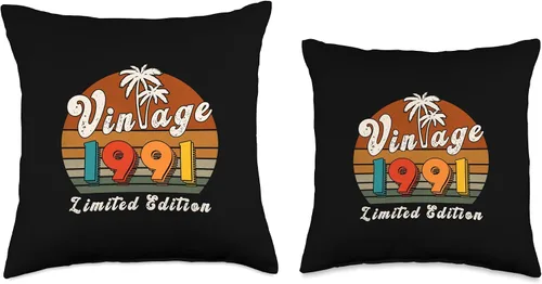Vista 3 de Vintage 1991 Birthday Gift for Men Women 35 Years Retro Palm Throw Pillow
