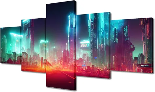 Vista 174 de Cuadros de 5 paneles de Cyberpunk City, arte de pared, representación de vallas publicitarias, edificios modernos en la capital con obras de arte