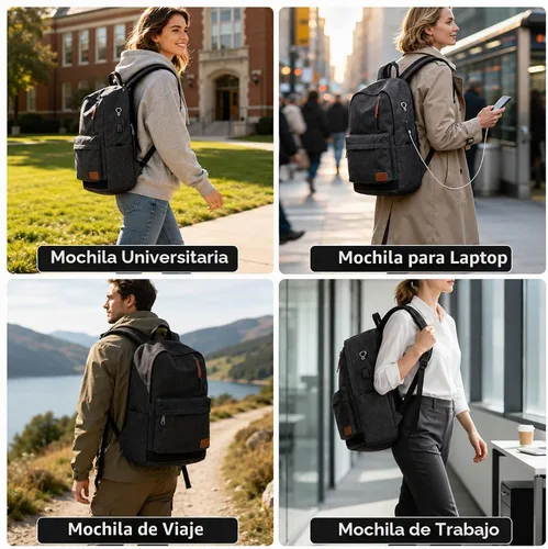Vista 7 de Mochila de lona para laptop, mochila escolar impermeable con carga USB, 17.32in X 12.6in X 6.0in, Mochilas Daypack Negro