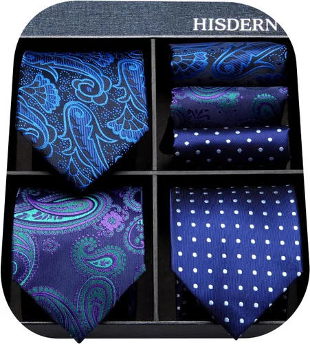Vista 60 de HISDERN Juego de corbatas extralargas para hombre y pañuelo de bolsillo de 63 pulgadas, colección XL, caja de regalo, corbata, lote de 3