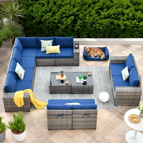Vista 23 de ovios Juego de muebles de patio de 6 piezas, sofá seccional de mimbre para exteriores con mesa auxiliar, cómodos cojines, moderno sofá modular Beige