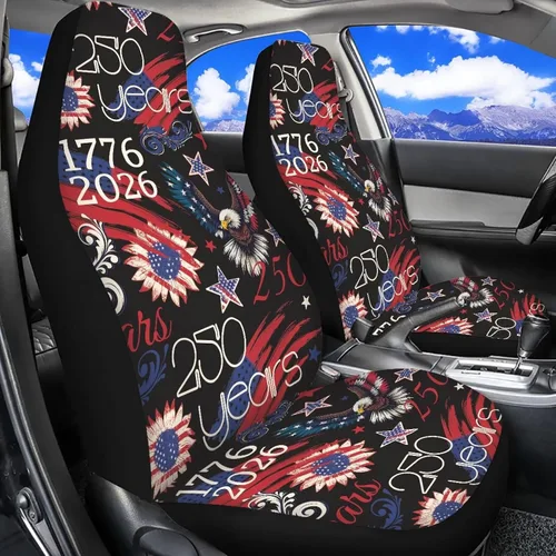 Vista 5 de ELEQIN 250 fundas de asiento delantero de automóvil con bandera patriótica estadounidense, paquete de 2 protectores de asiento de poliéster suaves