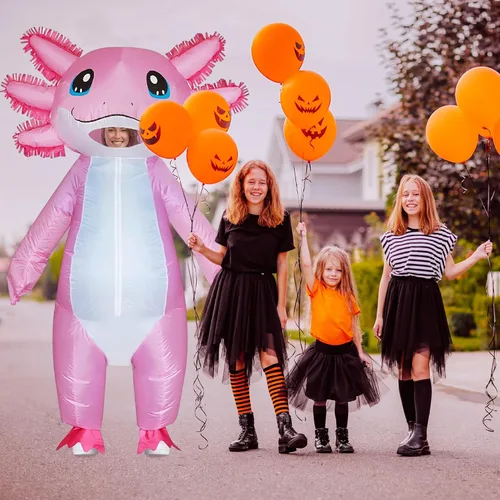Vista 3 de Weduspaty Disfraz inflable para adultos, disfraz de ajolote de 7 pies, disfraz de Halloween, disfraz inflable rosa para hombres y mujeres, disfraces